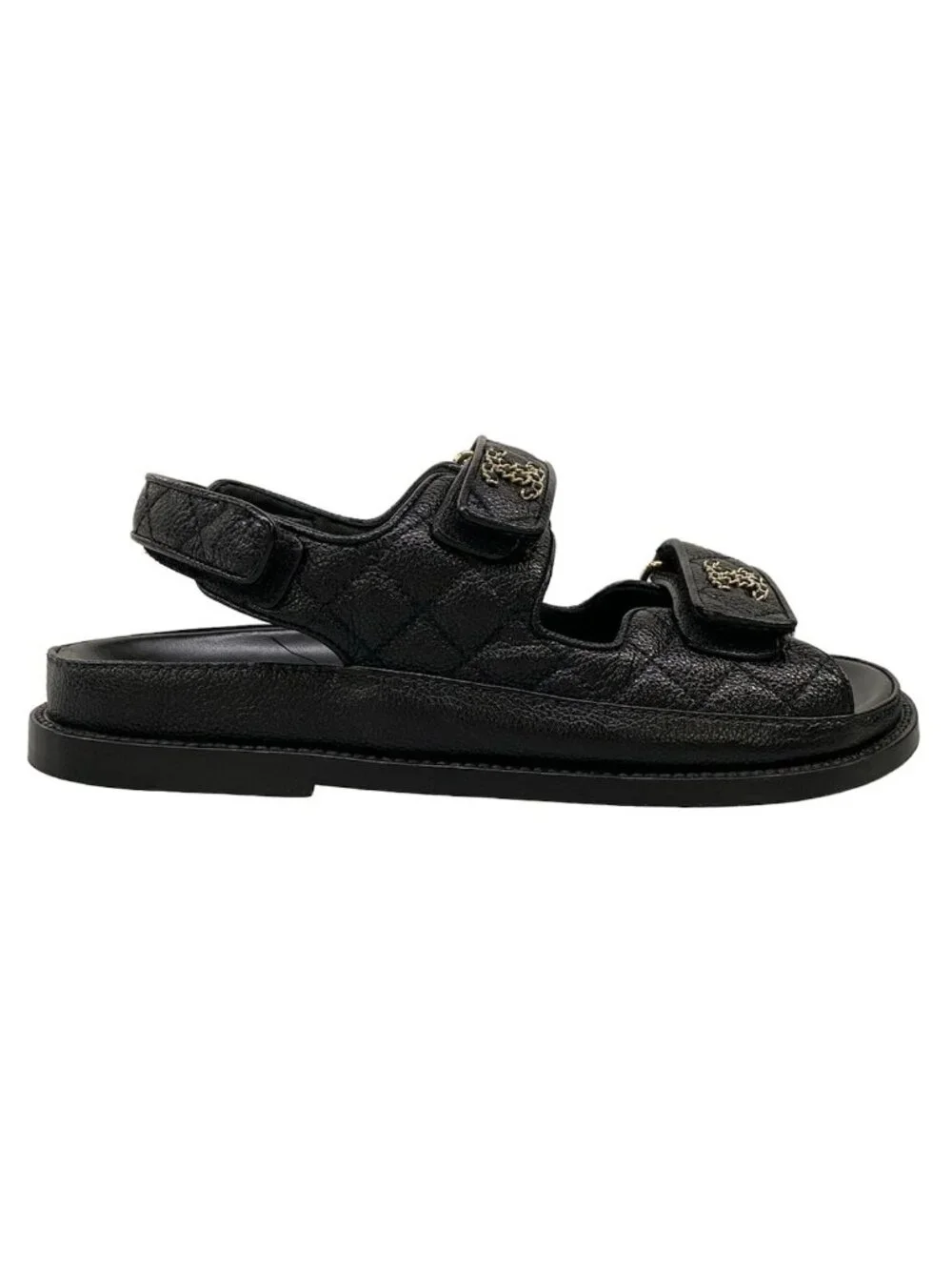 Chanel Sandals C Black Quilted CC Logo Gold Velcro